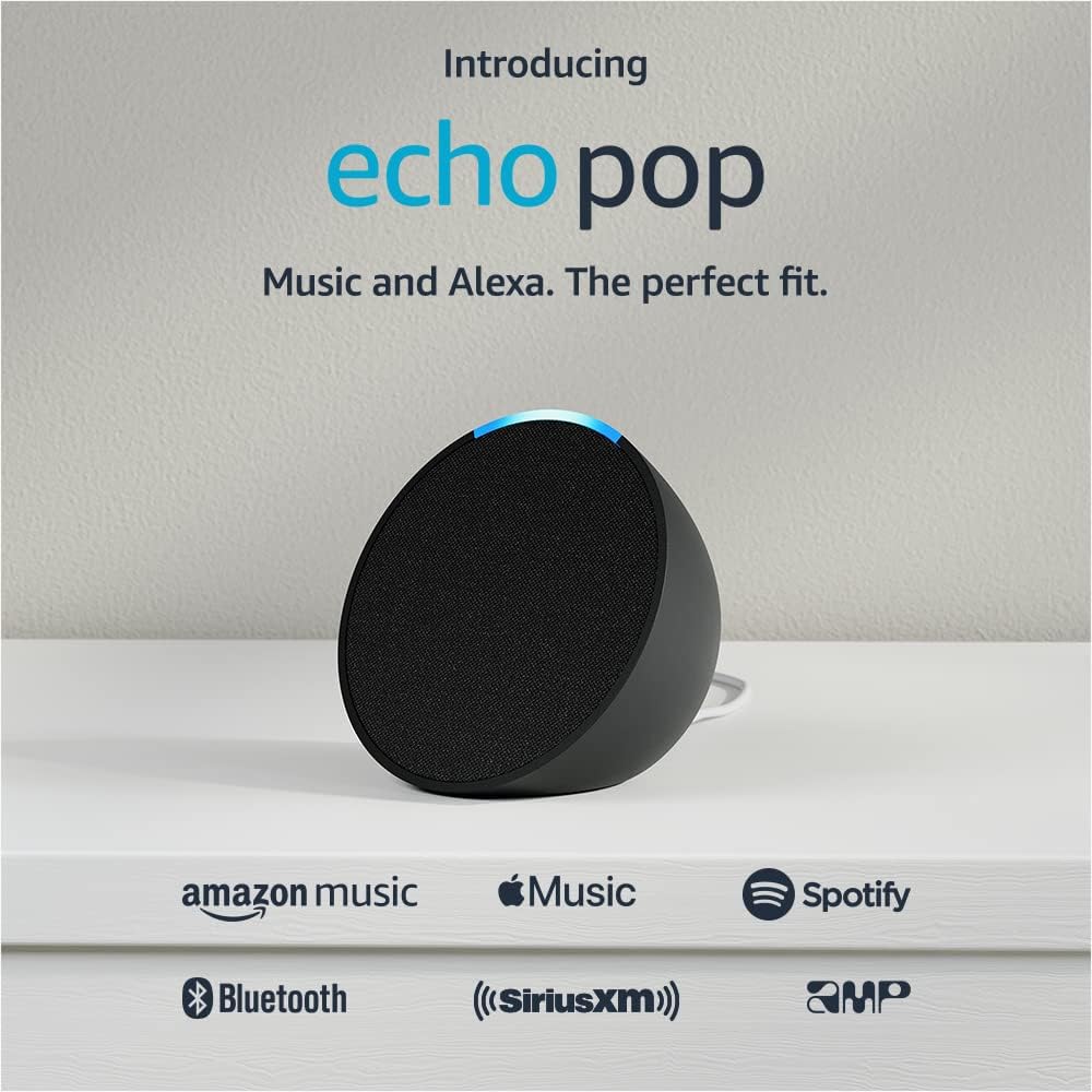 Echo Pop | Parlante inteligente y compacto con sonido definido y Alexa | versión internacional con adaptador de corriente tipo C (15 W) | Parlante inteligente con Alexa | Carbón 